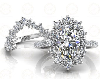 2.65 Tcw Oval Cut Halo Engagement Wedding Ring Set, Floral Vintage Matching Wedding Band, Stackble ring, Women Bridal Sterling Silver