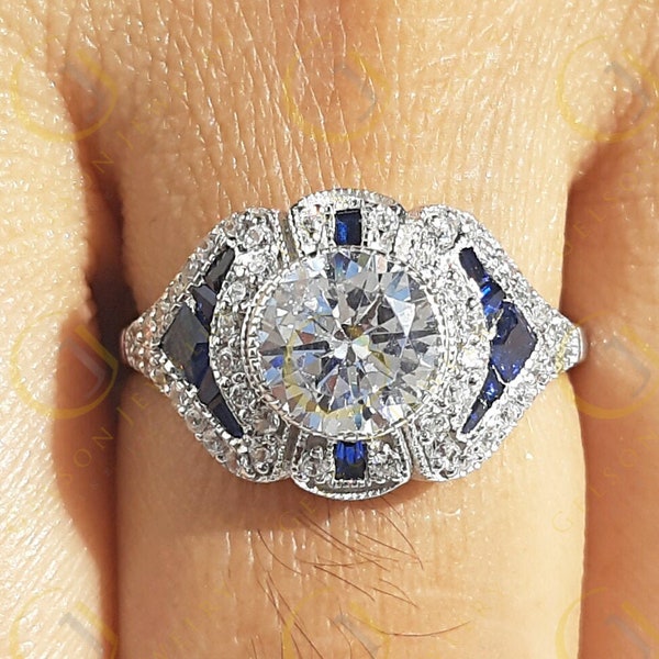Estate Jewelry / Vintage Engagement Ring For Women / Blue Sapphire Art Deco ring / Round Moissanite Ring / Estate ring / 925 Sterling Silver