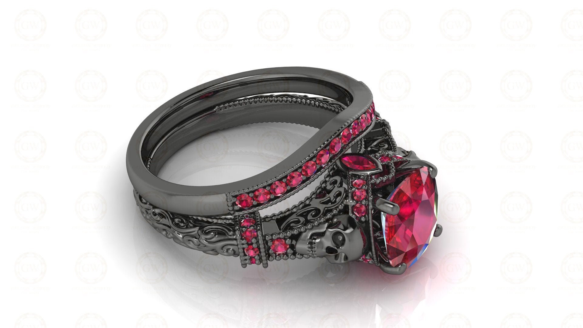 2.40 Ct Unique Gothic Skull Cushion Cut Floral Vintage Bridal Engagement Ring Set, Birthstone July Ruby gemstone Women ring, Matching Band