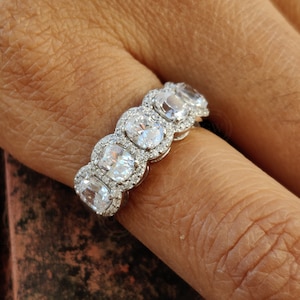 5 Stone Cushion Halo Anniversary Ring / Cushion Shape Wedding Ring / Sterling Silver / 7 mm Wide Five Stone Ring / Ring for Women