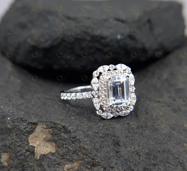 1.65 Tcw Emerald Cut Double Halo Two Tone Engagement Wedding Ring