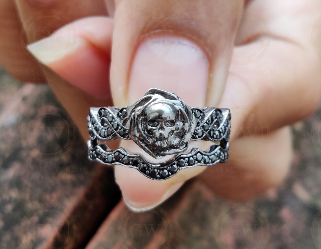 Gothic Skull Bridal Wedding Ring Sets, Moissanite Rose Floral