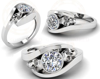 CrossOver Solitaire Ring, Two Skull Ring, Gothic Engagement Ring, Bezel Set Round Cut Women Ring