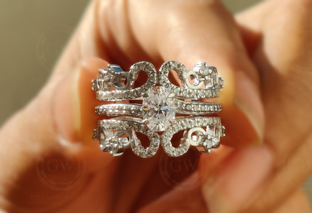 Ring Enhancer, Moissanite Vintage Bridal Ring Set, Ring Jacket and Engagement Ring, Art Deco