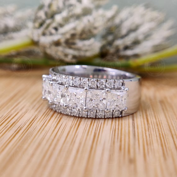 Princess Cut and Round Cut Wide Three Row Anniversary Bands