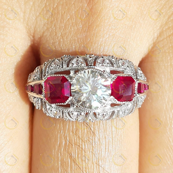 Vintage Art Deco Engagement Ring Round Cut Moissanite Diamond | Etsy