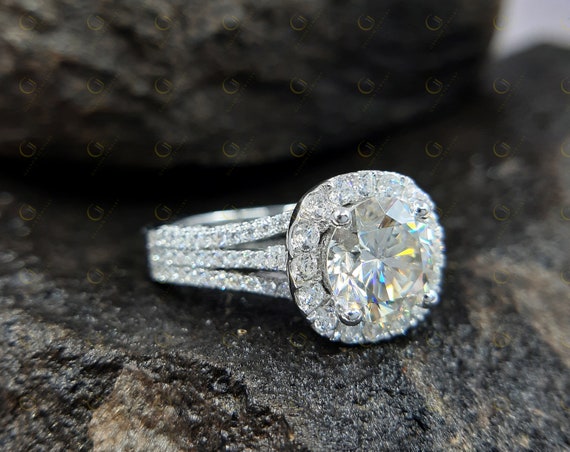 Vintage Halo Engagement Ring, Round Moissanite 935 Argentium Silver Wedding Ring, Gift for Her