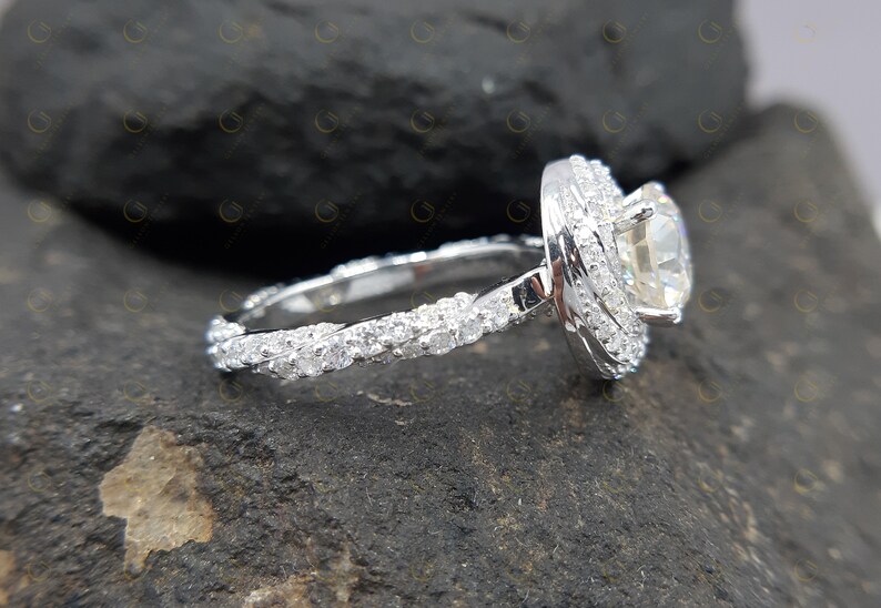 3.15 Tcw Floral leaf design rose flower shape swirl designer Twisted Halo Pave Shank Engagement Ring for women
