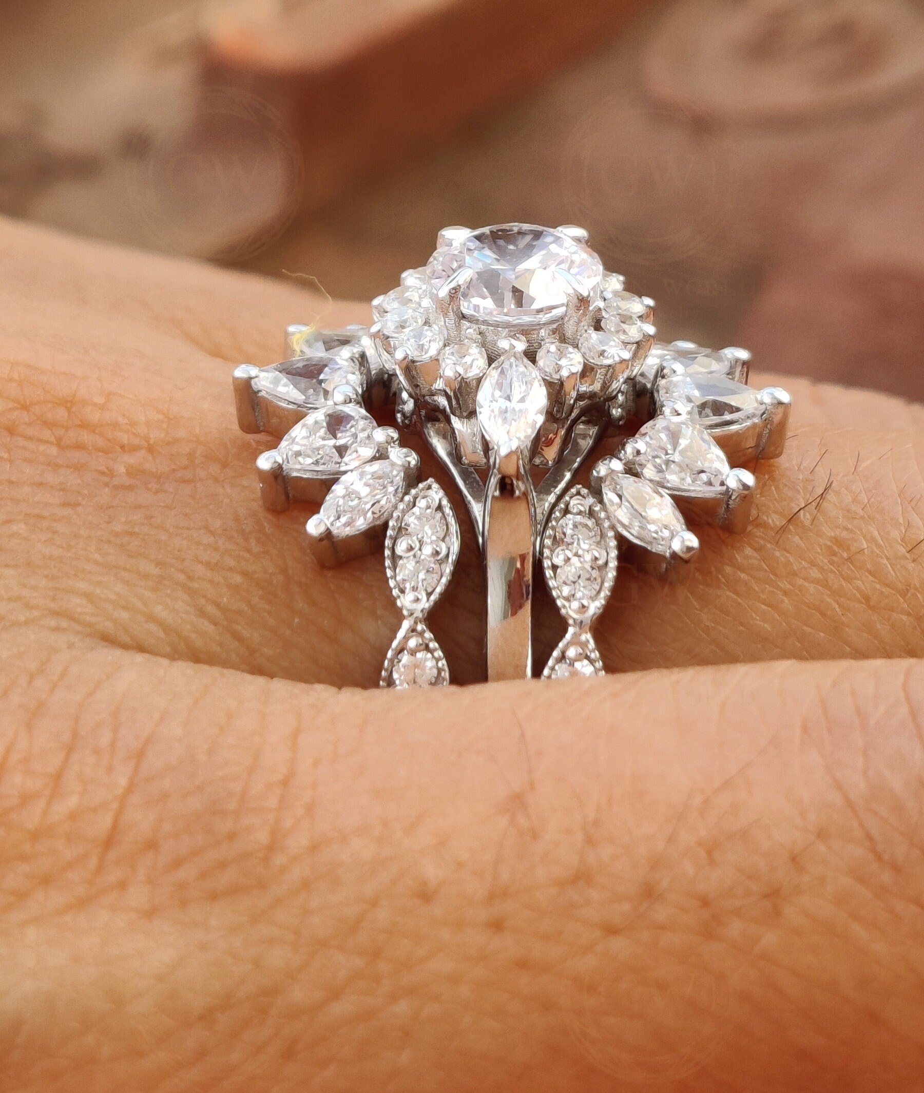 Starburst Engagement Enhancer Guard Ring Round Marquise Pear