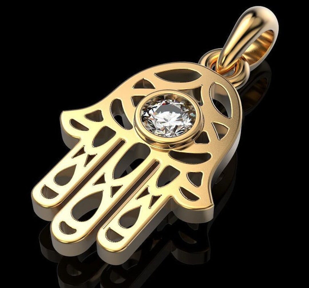 Gold Hamsa Pendant, Hamsa Hand Sign Diamond Pendant, Solitaire