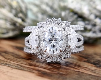 Starburst Moissanite Engagement Ring Set in 10K White Gold, Vintage Curved Enhancer Guard