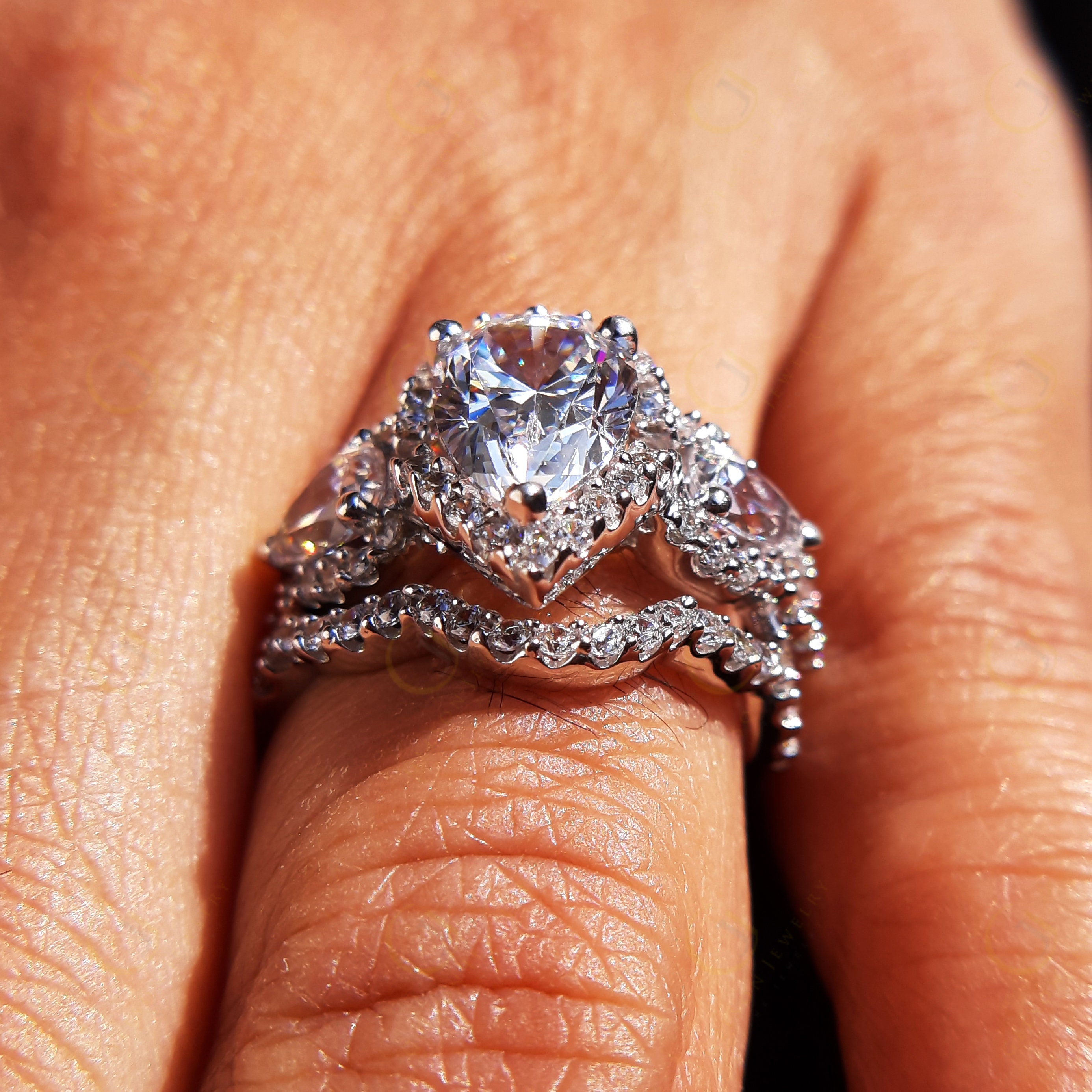 1.3 Ct Pear Cut Halo Wedding Engagement Ring Set – Sterling Silver AAAA CZ – Women’s