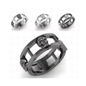 8 mm Wide Unique Gothic Skull Wedding Band, Promise Ring, Two Row Hollow Eternity Band, Women Man Unisex Sterling Silver Band, Custom Design