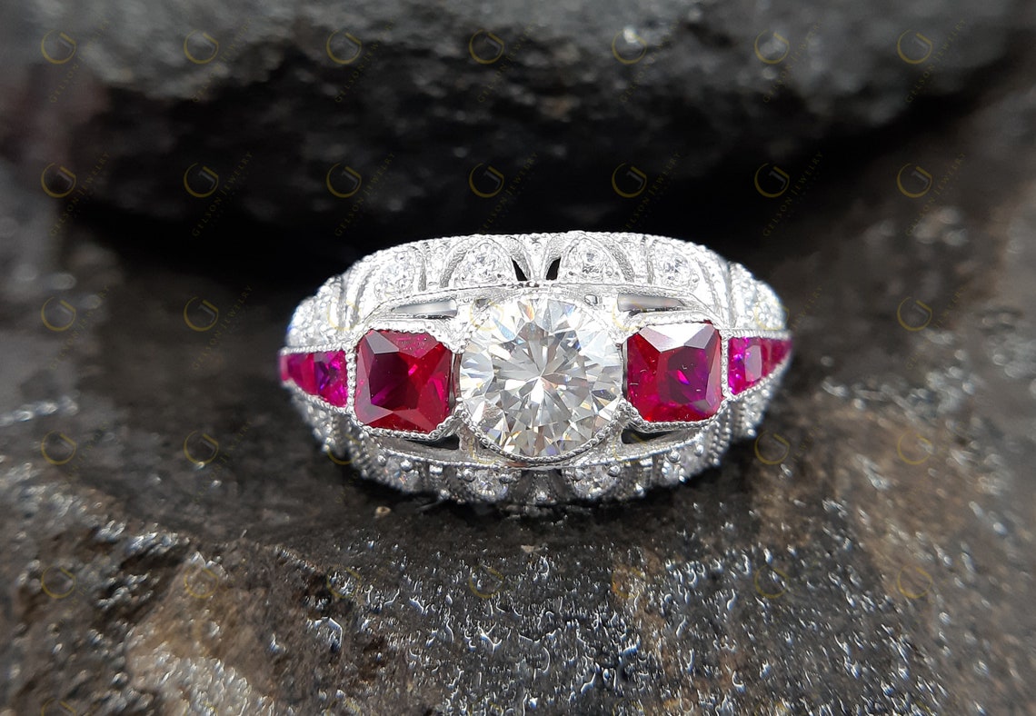 2.30 Ct Antique Ruby Engagement Ring Vintage Moissanite Ring | Etsy
