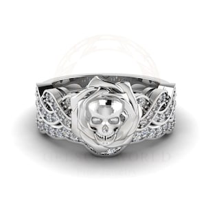 Skull Bridal Wedding Ring Sets, Rose Floral Gothic Engagement Ring, Criss Cross Nature Inspired Design, White Round CZ, Sterling Silver