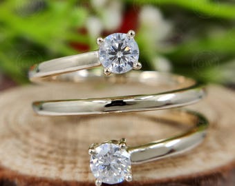 Moissanite Spiral Ring, 14K Gold Open Cuff Wrap Ring