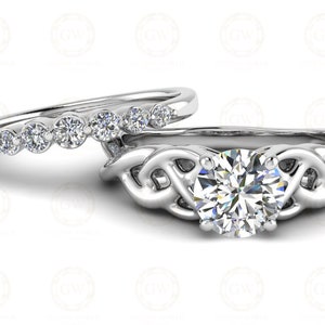 1.10 Ct Schliff Moissanit Twist Solitär Verlobungsring Set, Cross-Over Fassung, passendes Band, Sterling Silber, Geschenk für Sie