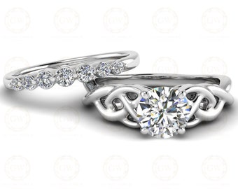 1.10 Ct Round Cut Moissanite Twist Solitaire Engagement Wedding Ring Set, cross-over setting, Matching Band, Sterling Silver, Gift for Her