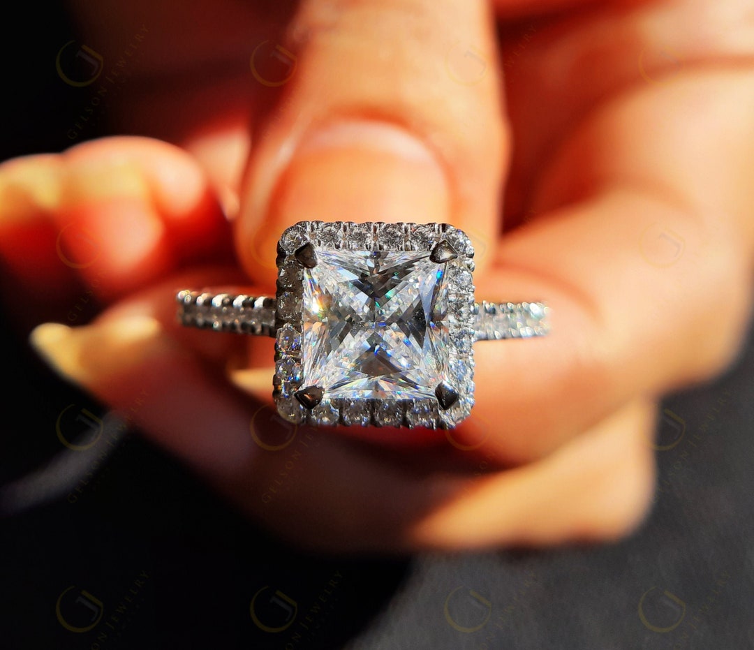 2 Ct Halo Engagement Ring, Micro Pave Ring, Princess Cut CZ Moissanite