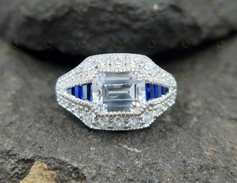 Vintage Reproduction filigree ring Emerald Cut Near White Moissanite Silver Engagement Wedding ring for women