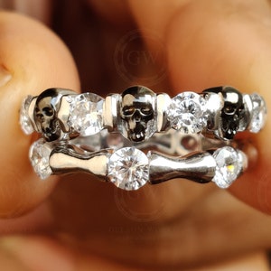 1.65 Ct Unique Gothic Bone Skull Bridal CZ Engagement Wedding Ring Set, Man Made Diamond, Sterling silver, Matching Band, Bridal Jewelry