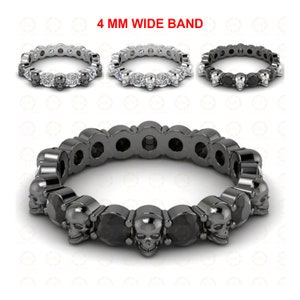 1.50 Tcw Skull Wedding Ring Band, Promise Ring, Eternity Gothic Band, Round Cut CZ Diamond alternate skull Black Sterling Silver Women Ring