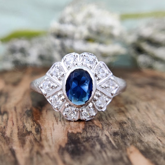 Bague Art Déco Argent Pierre Bleue
