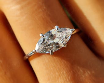 East West Marquise Moissanite Engagement Ring in 14K Gold with Hidden Halo