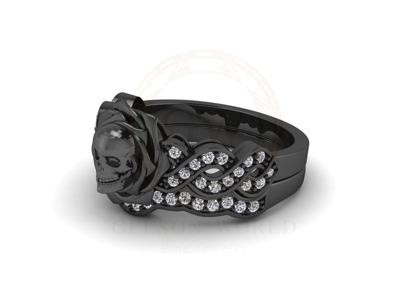 Skull Bridal Gothic Wedding Ring Sets Rose Floral Engagement Etsy