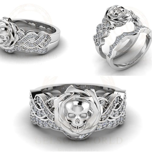 Skull Bridal Gothic Wedding Ring Sets Rose Floral Engagement Etsy
