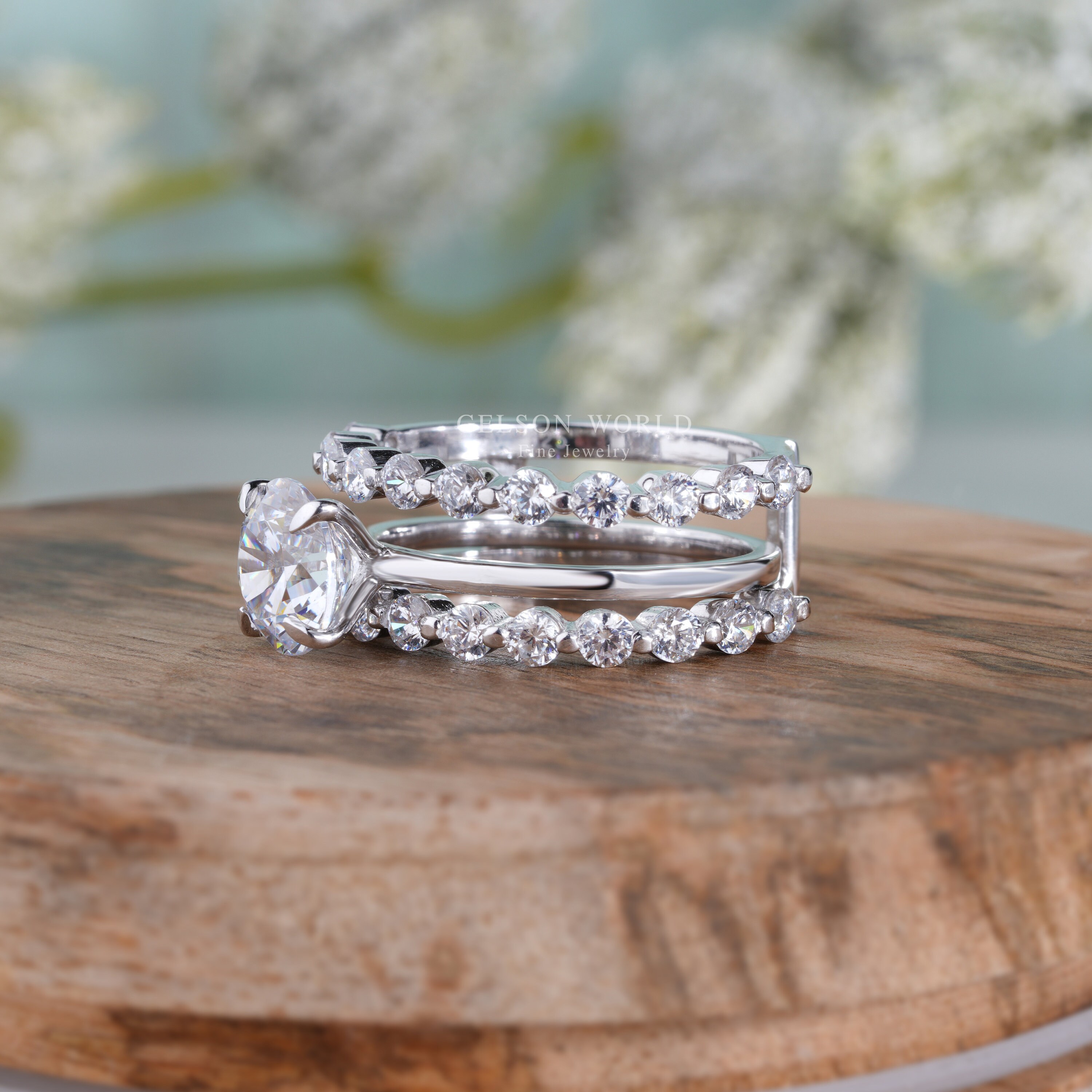 Round Moissanite Bubble Bridal Ring Set, Ring Jacket and