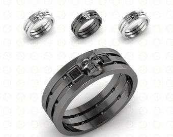 Gothic Skull Sterling Silver Ring – Black CZ Princess Cut, Anniversary Band