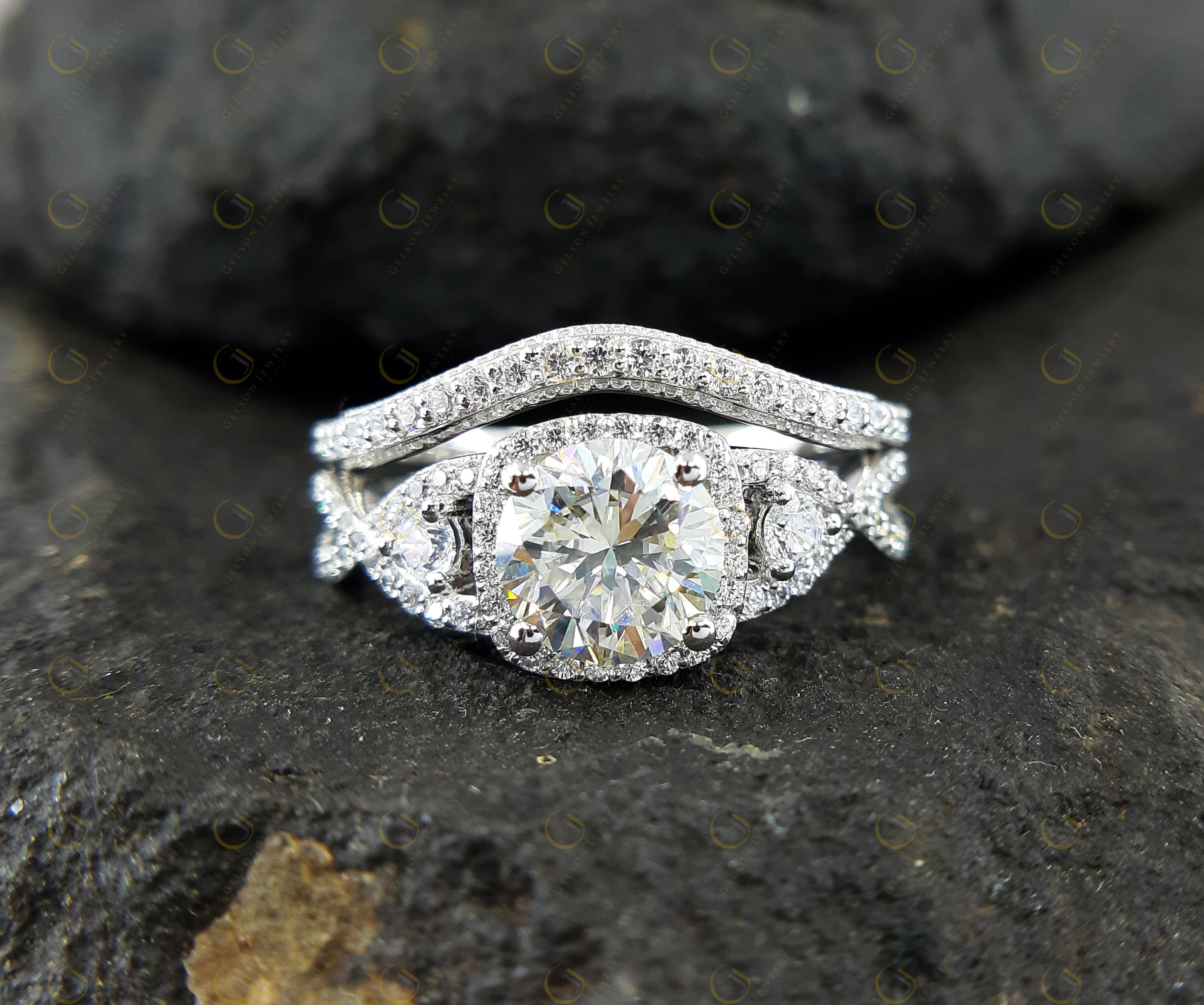 Wedding Ring Set, Moissanite Vintage Halo Engagement Bridal Set, Infinity Style Curved Matching Band, 14K Gold Women’s Wedding Ring Jewelry