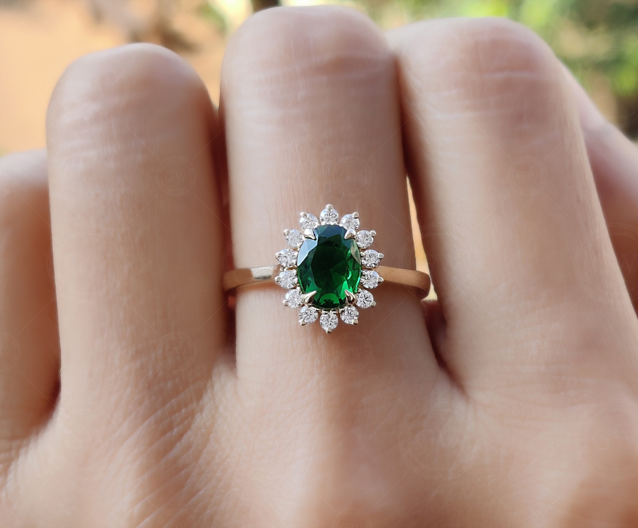 Buy Emerald Halo Engagement Ring, Green Gemstone Rings for Women