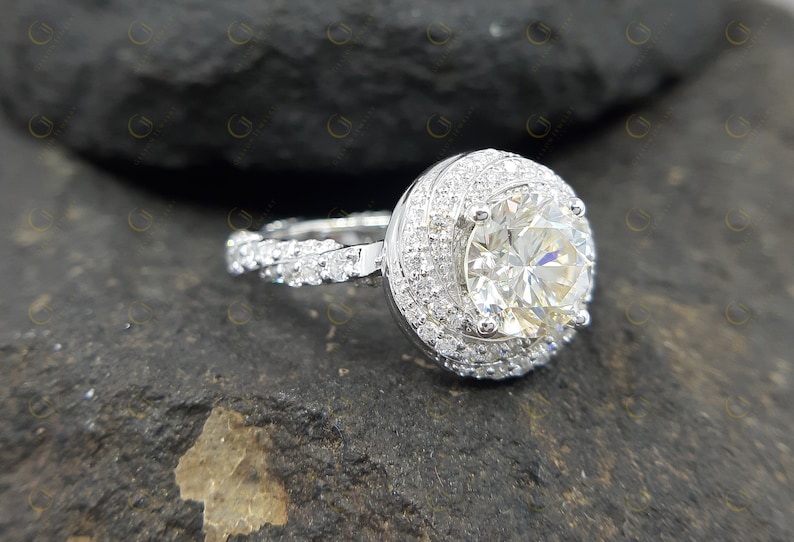 3.15 Tcw Floral leaf design rose flower shape swirl designer Twisted Halo Pave Shank Engagement Ring for women