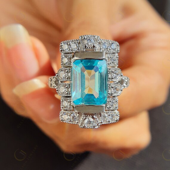 Aquamarine emerald cut vintage Engagement ring Art Deco | Etsy