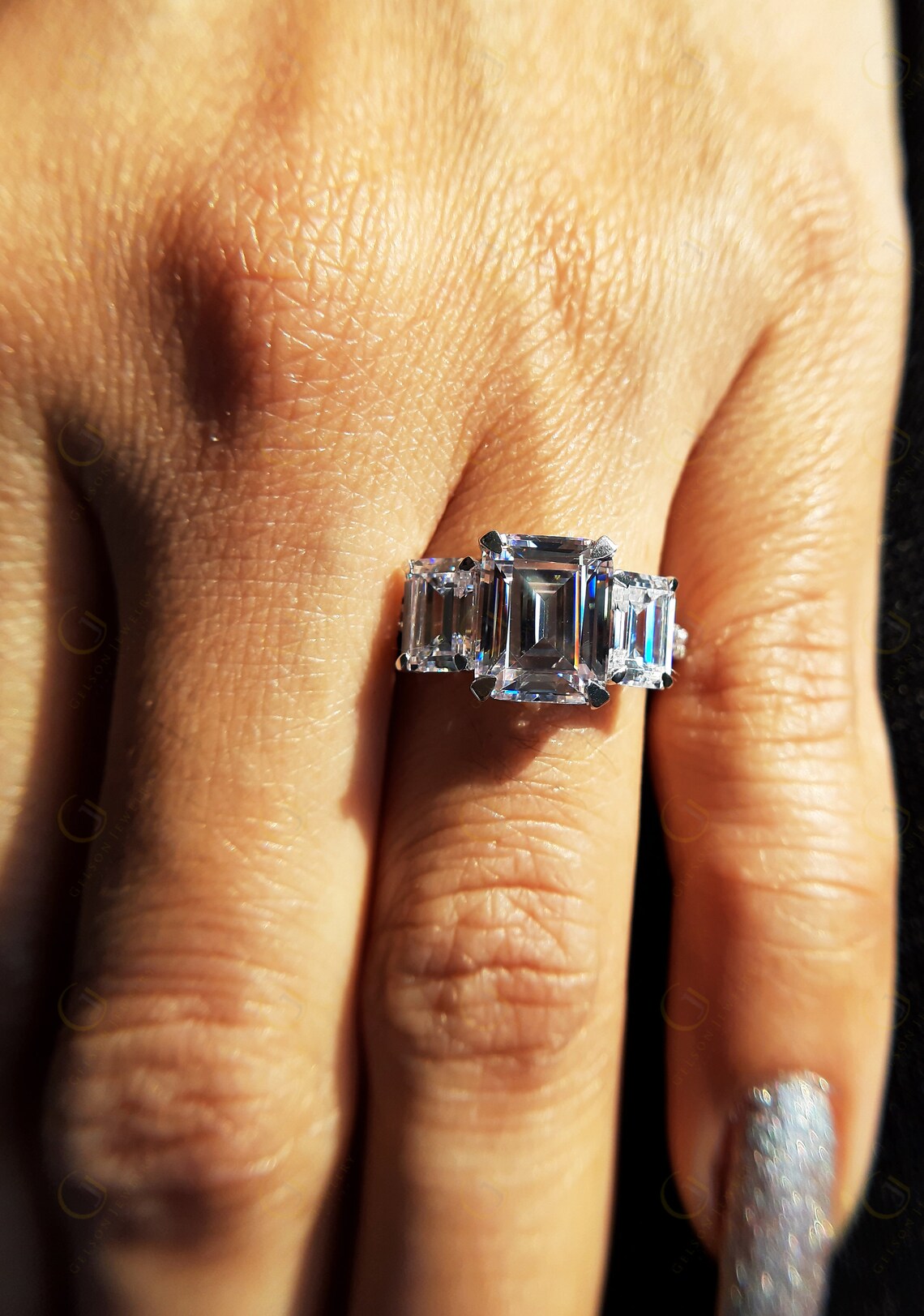 3 Stone Emerald Cut Engagement Ring Celebrity Inspired Etsy