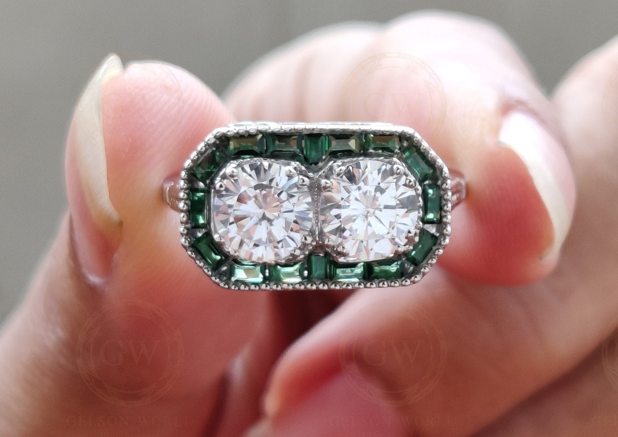 Toi et Moi Ring / Art deco Moissanite Engagement Ring / Estate Jewelry / Emerald Engagement Ring / Antique Rings / Vintage Engagement Ring