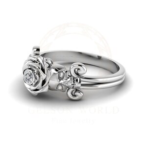 Rose skull ring, solitaire skull engagement ring, floral nature inspired, two skull Gothic wedding ring