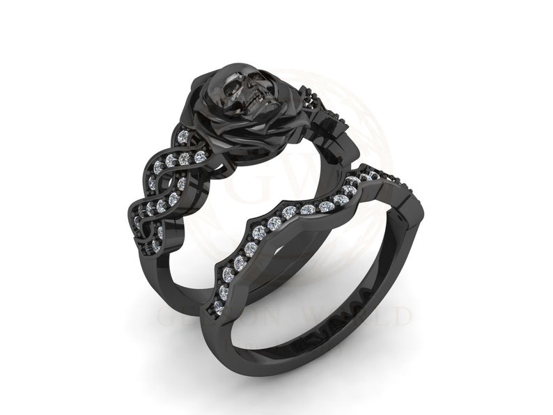 Skull Bridal Gothic Wedding Ring Sets Rose Floral Engagement Etsy