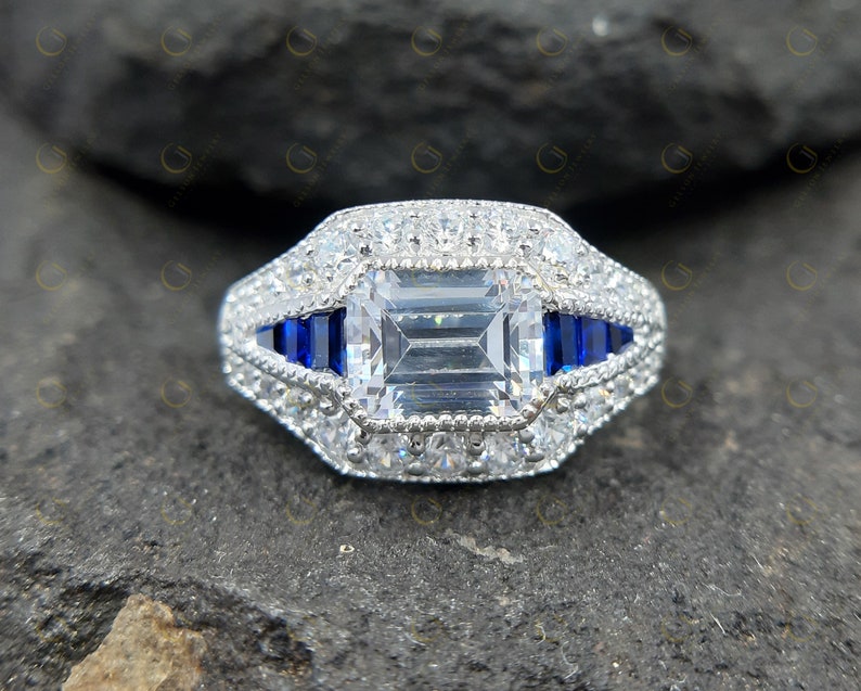 Vintage Reproduction filigree ring Emerald Cut Near White Moissanite Silver Engagement Wedding ring for women