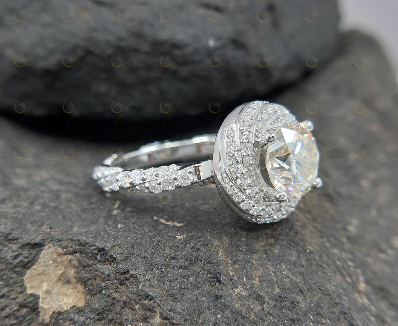 3.15 Tcw Floral leaf design rose flower shape swirl designer Twisted Halo Pave Shank Engagement Ring for women