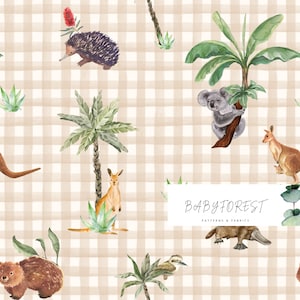 Australian animals on beige gingham seamless pattern, seamless surface repeat pattern australian animals gingham personal and commerical use
