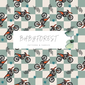 May include: A seamless pattern featuring orange and black dirt bikes on a white and green checkered background. The pattern also includes watercolor leaves and stars. The text "BABYFOREST PATTERNS & FABRICS" is displayed in the center of the image.