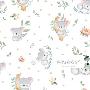 Baby Koala on white seamless repeat pattern, surface pattern koala floral kids fabric design, commercial use and personal use seamless file