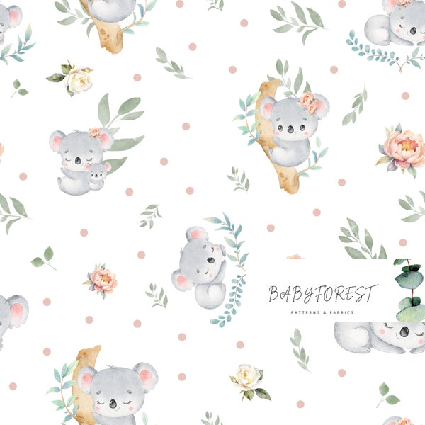 Baby Koala on white seamless repeat pattern, surface pattern koala floral kids fabric design, commercial use and personal use seamless file