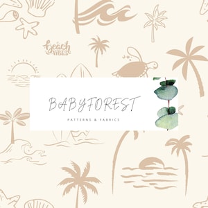 May include: A white background with a brown and white pattern of palm trees, seashells, waves, and the text "Beach Vibes". The text "BABYFOREST PATTERNS & FABRICS" is in a white rectangle with a green eucalyptus branch on the right side.
