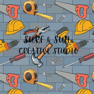 May include: A repeating pattern of construction tools including a tape measure, saw, hammer, drill, screwdriver, and bolts. The text "SURF & SUN CREATIVE STUDIO" is in the center of the image. The background is a blue brick wall.