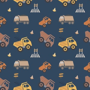 May include: A seamless pattern featuring various construction vehicles on a dark blue background. The pattern includes dump trucks, construction cones, and road signs.