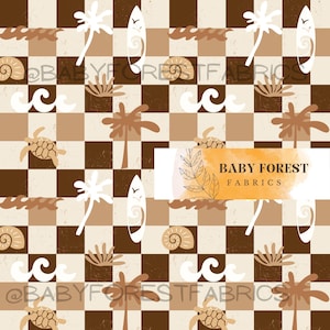 Könnte beinhalten: Ein sich wiederholendes Muster mit einem karierten Design in Braun- und Beigetönen. Das Muster enthält Illustrationen von Palmen, Surfbrettern, Muscheln, Wellen und Schildkröten. Der Text "BABY FOREST FABRICS" wird auf einem weißen Rechteck angezeigt.